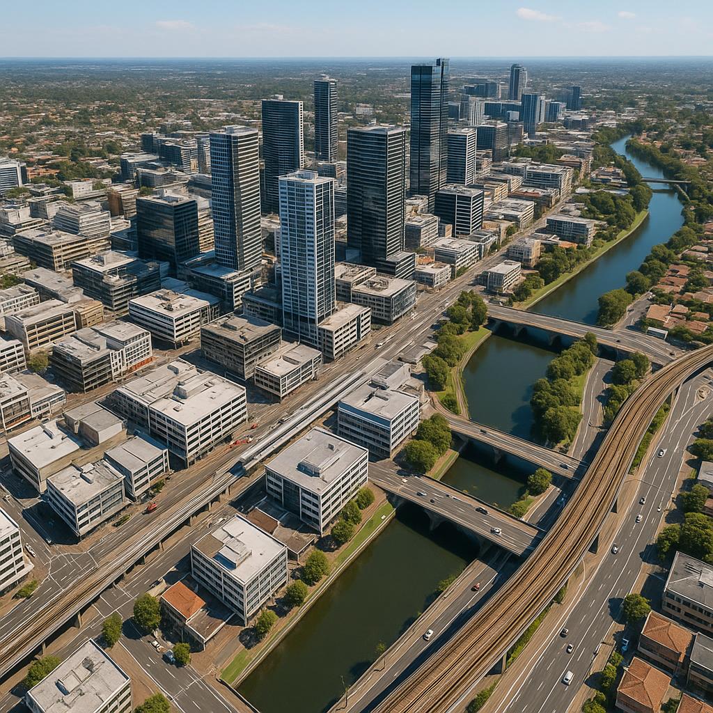 Aerial view of Parramatta, highlighting urban development