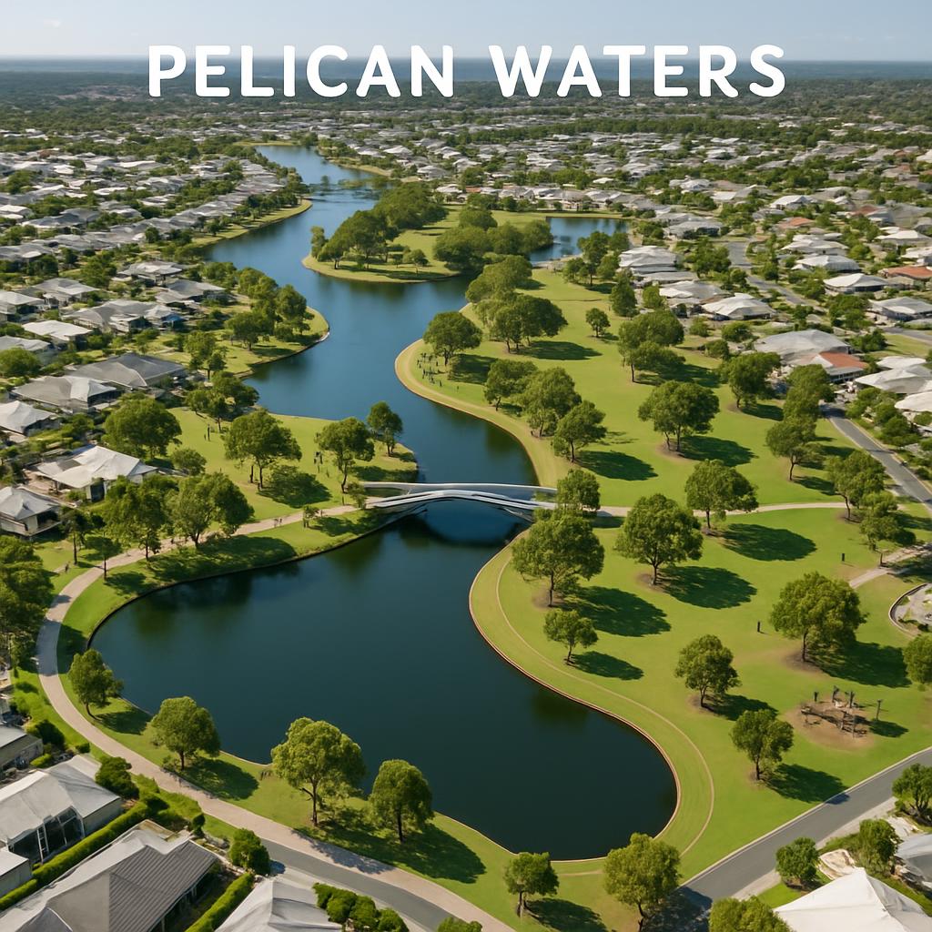 Aerial view of Pelican Waters with lakes and parks