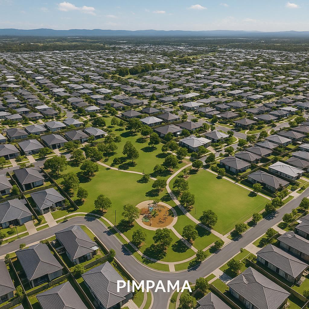Aerial view of Pimpama, highlighting parks and housing