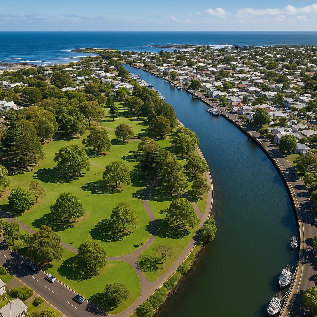 Aerial view of Port Fairy with lush parkland and river
