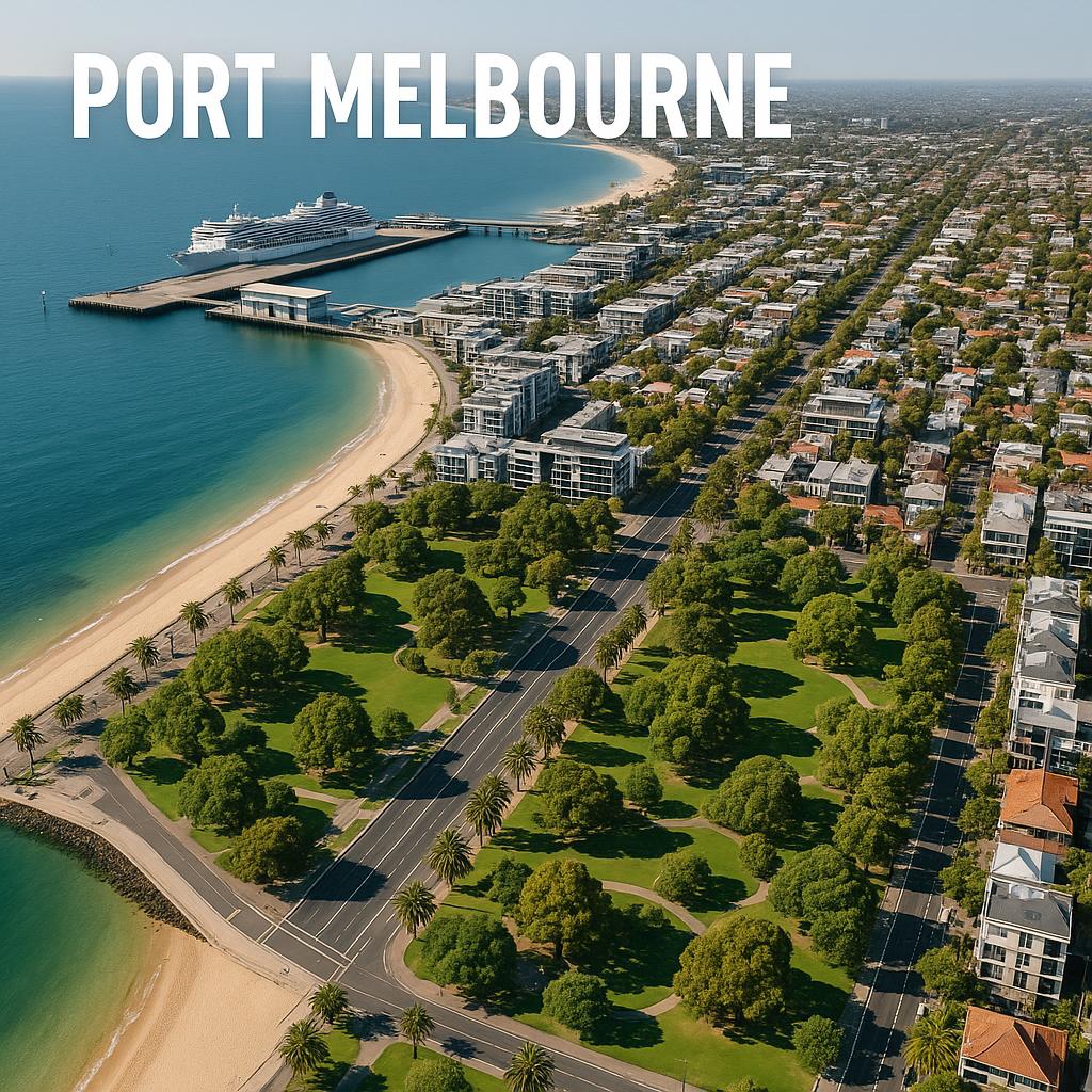 Aerial view showcasing Port Melbourne's waterfront and green spaces