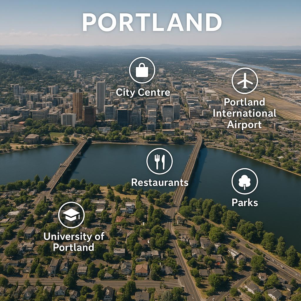 Aerial view of Portland with educational facilities and local shops