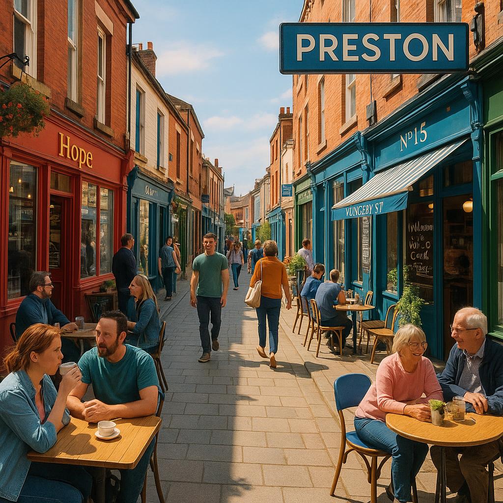 Local scene in Preston with cafes and shops