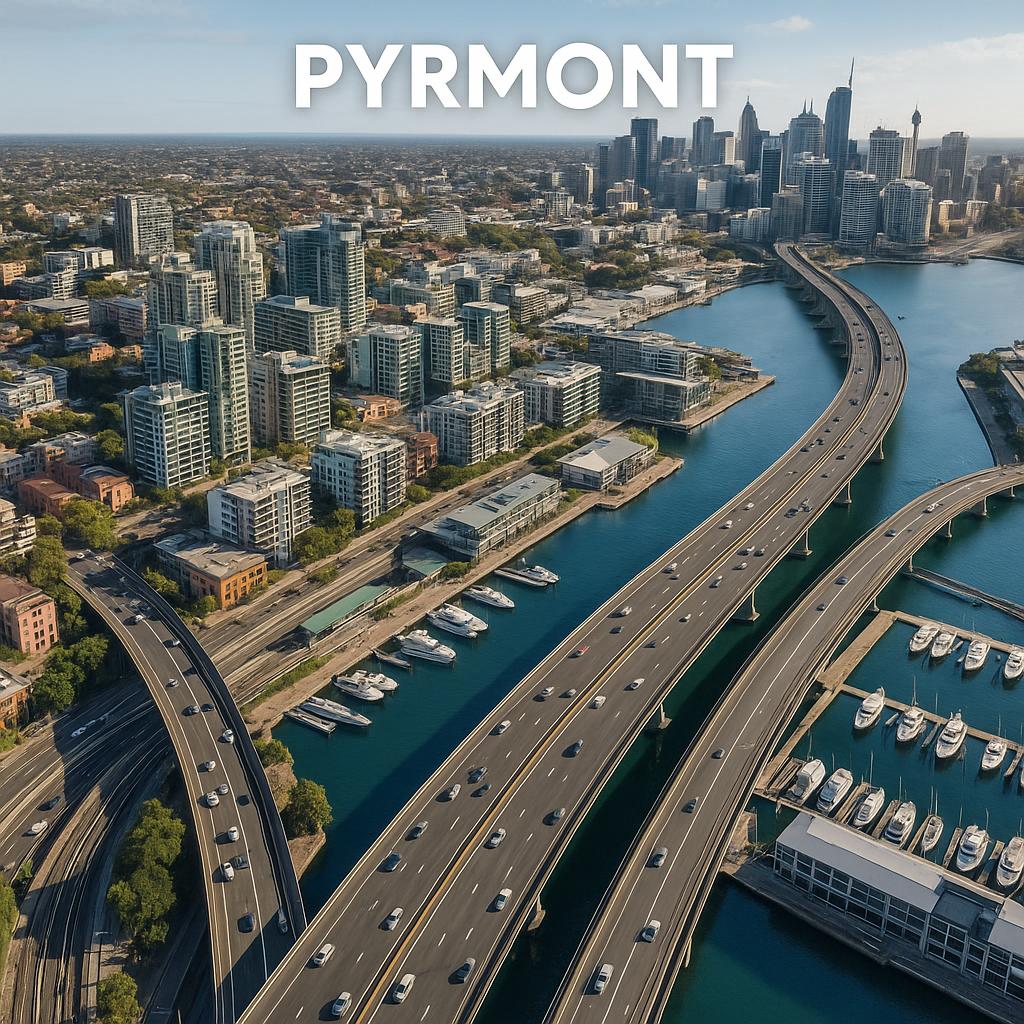 Aerial view of Pyrmont highlighting transport options