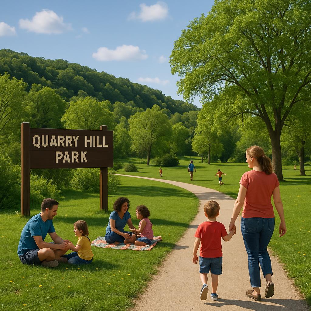 Families having fun at Quarry Hill Park, surrounded by greenery