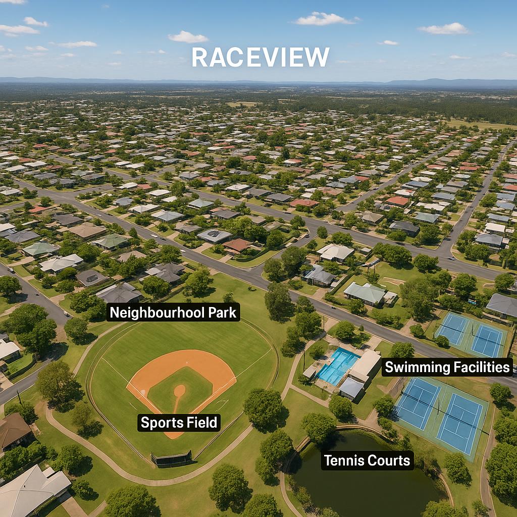 Aerial view of Raceview with parks and community facilities
