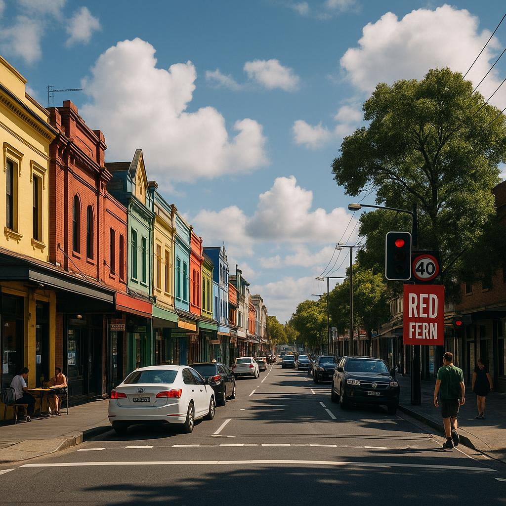 A lively street view of Redfern showcasing cafes and shops