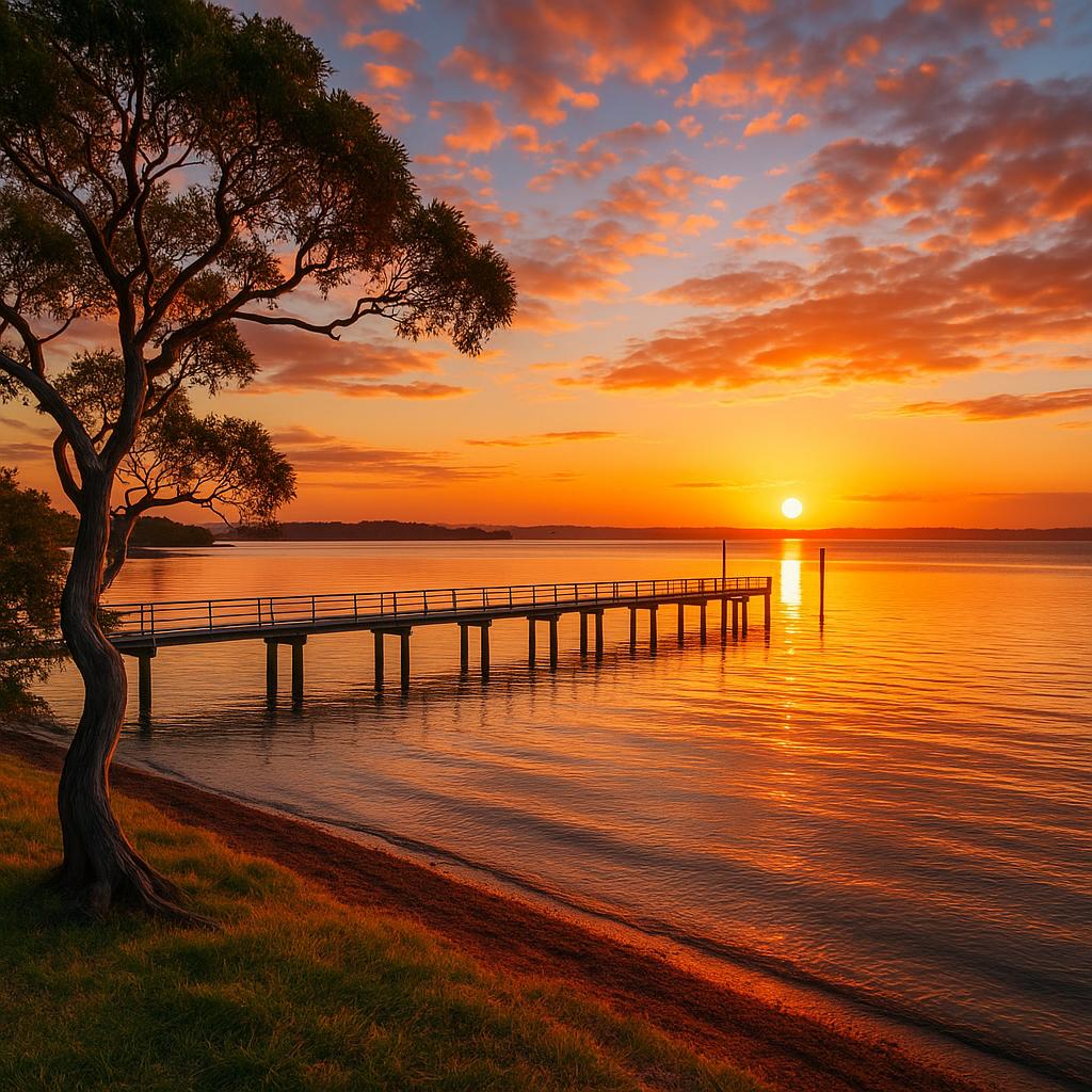 Scenic waterfront of Redland Bay at sunset