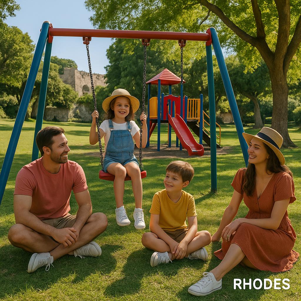 Families in a park in Rhodes, enjoying recreational activities.