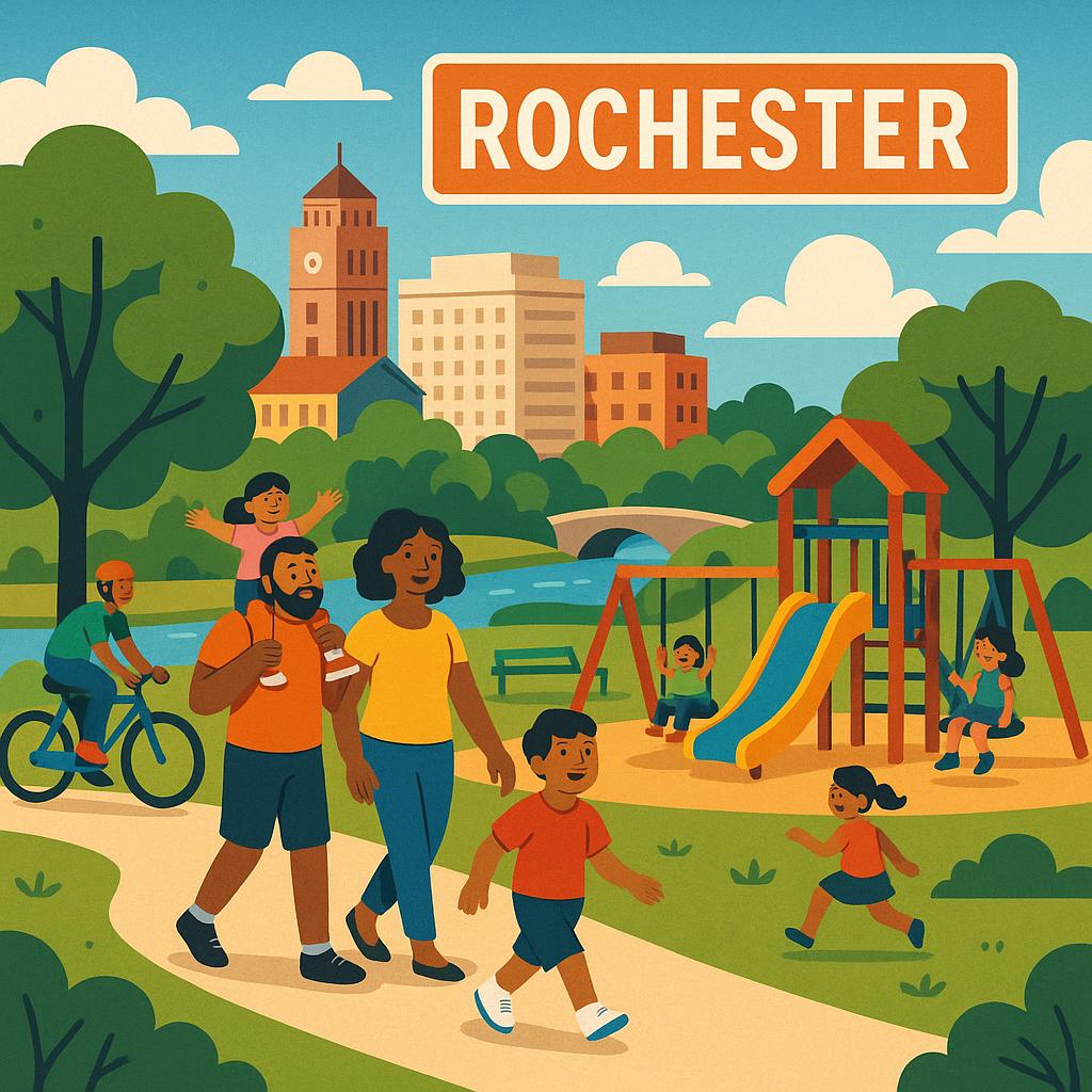 A sunny day in Rochester with families enjoying local parks and amenities