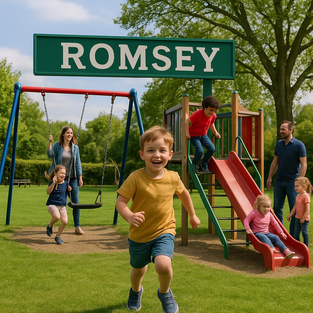 Park in Romsey with families enjoying outdoor activities