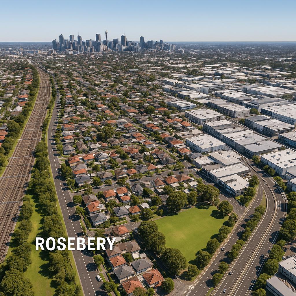 Aerial view of Rosebery with transport routes