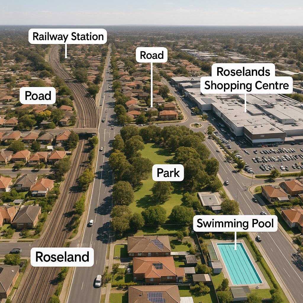 Aerial view of Roselands transport links and amenities