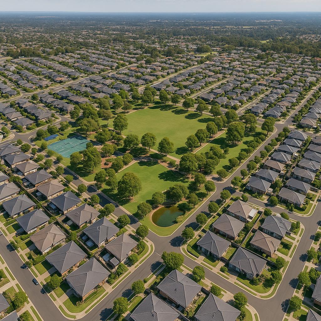 Aerial view of Rouse Hill with green spaces and housing developments