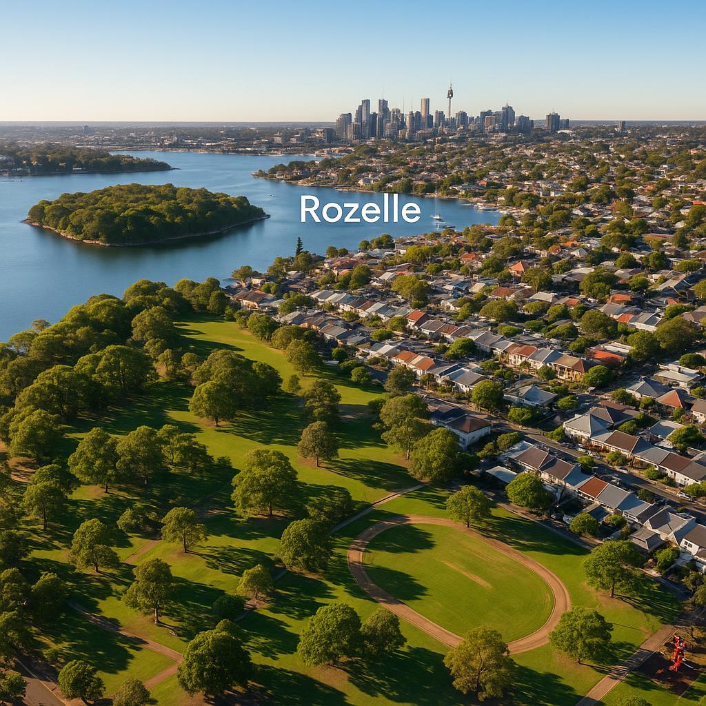 Aerial view of Rozelle, Sydney with parks and water