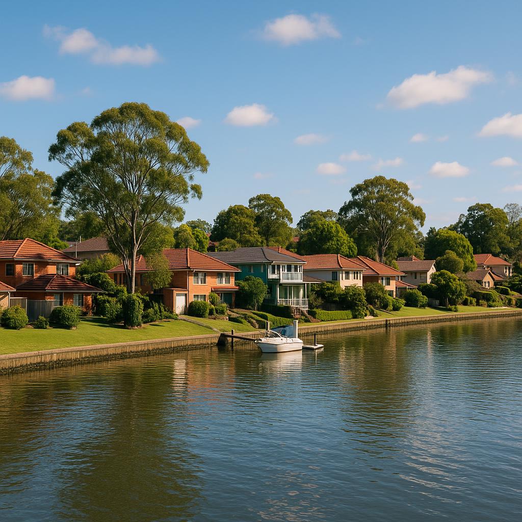 Parramatta River in Rydalmere with homes along the bank