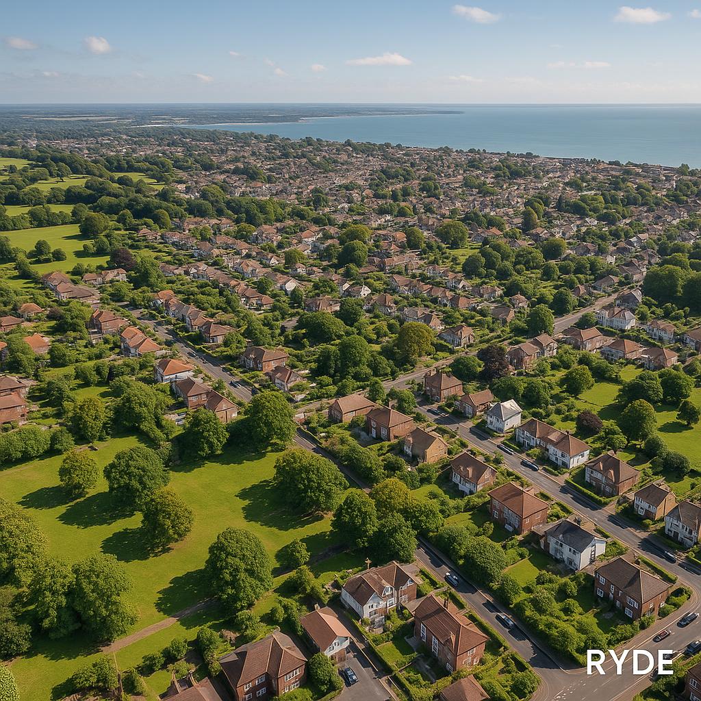 Aerial view of Ryde, illustrating residential areas and greenery.
