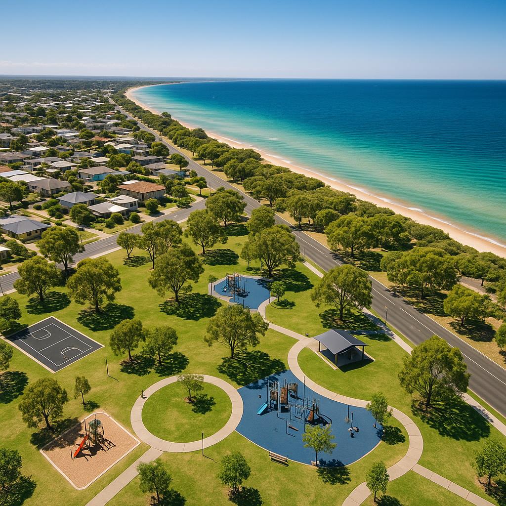 Aerial view of Safety Beach with parks