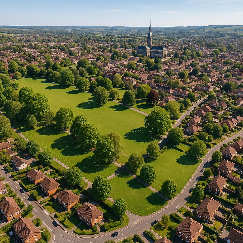 Aerial view of Salisbury area with parks and homes