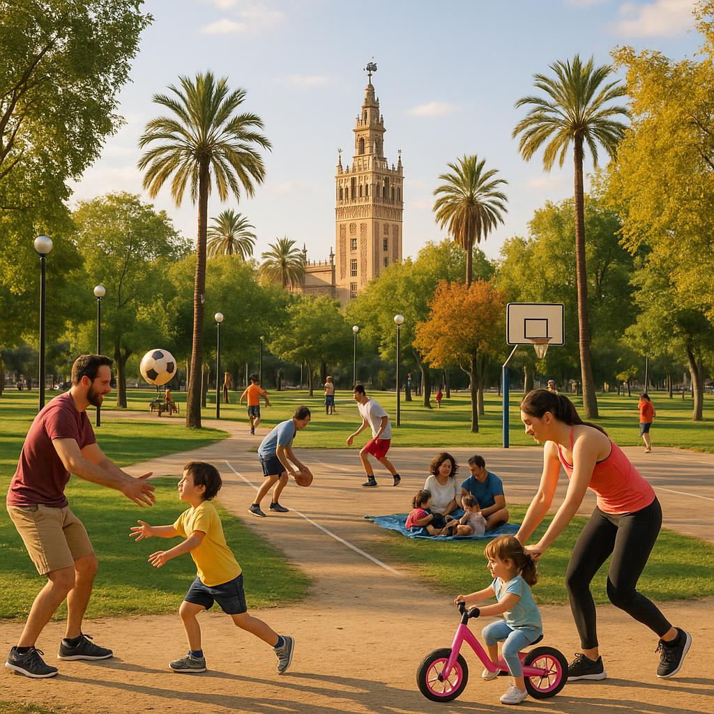 Families enjoying park facilities in Seville