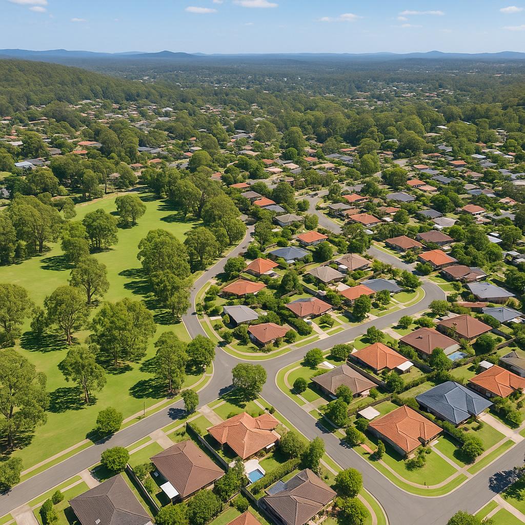 Aerial view of Shailer Park showing parks and homes