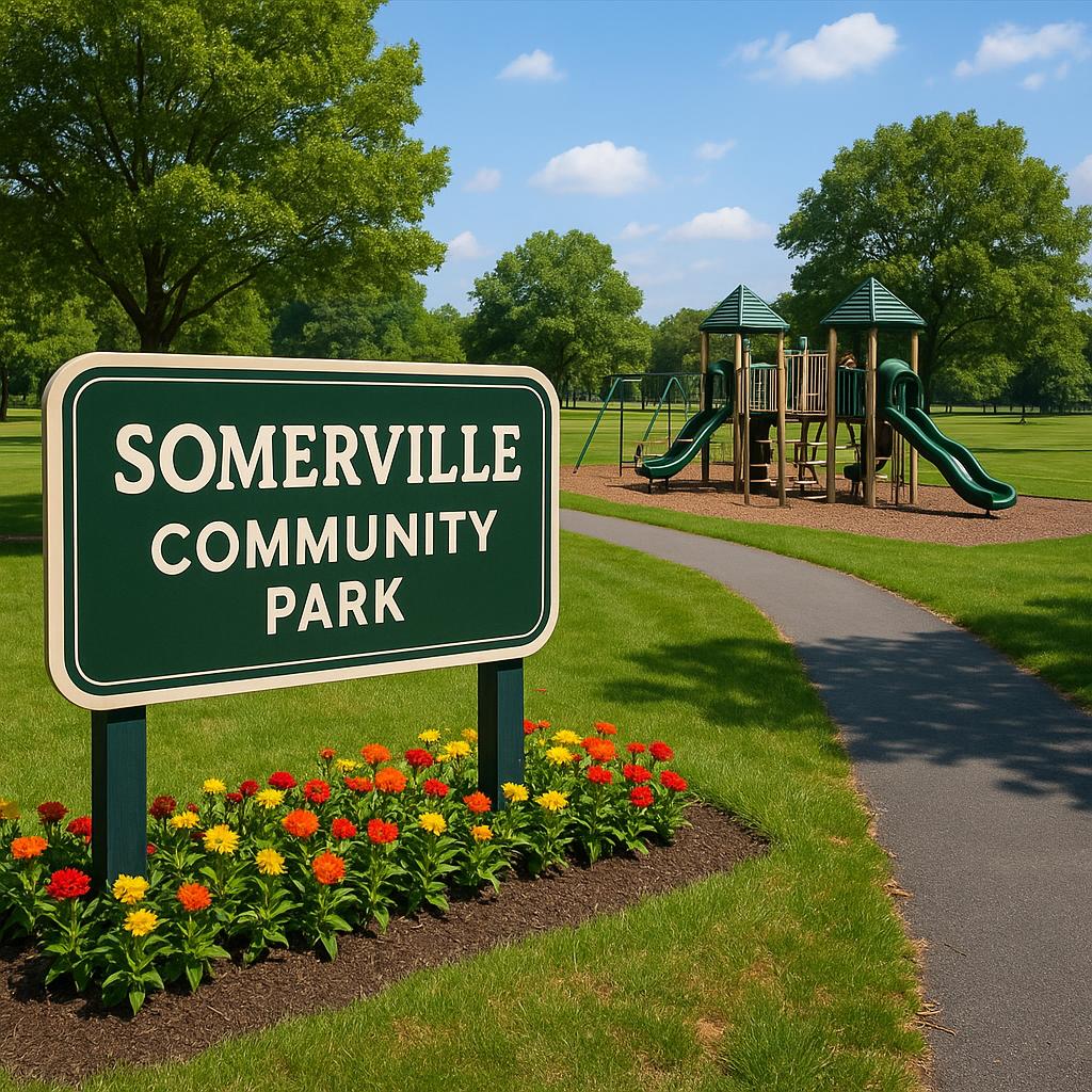 Aerial view of Somerville highlighting community parks and homes