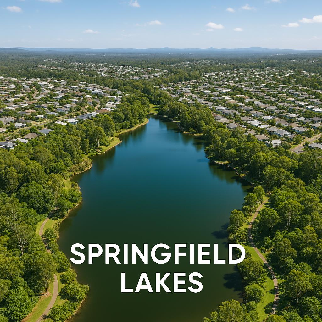 Aerial view of Springfield Lakes with beautiful lakes and parks