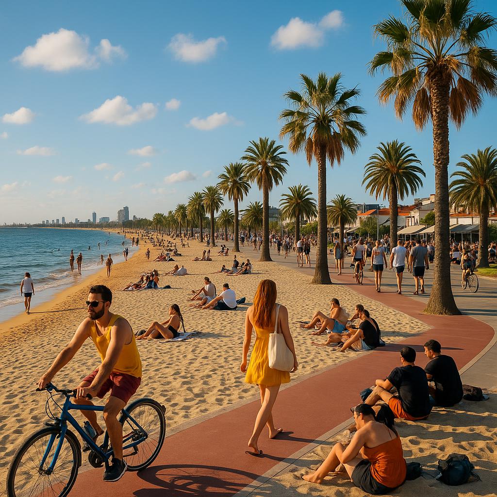Vibrant view of St Kilda beach and community