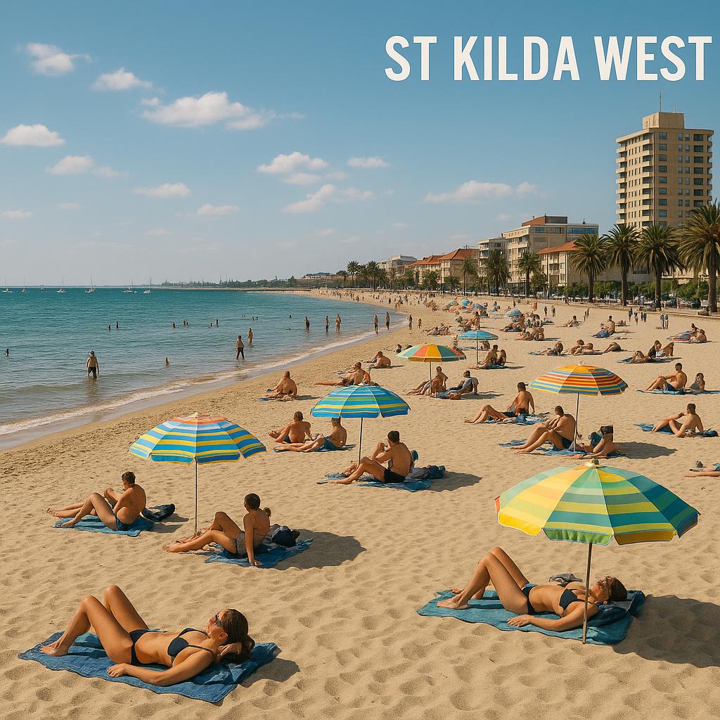 Scenic view of St Kilda West beach with locals enjoying the outdoors.