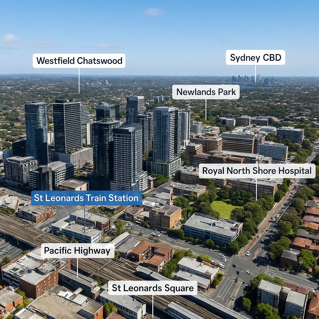 Aerial overview of St Leonards showing transportation and green spaces