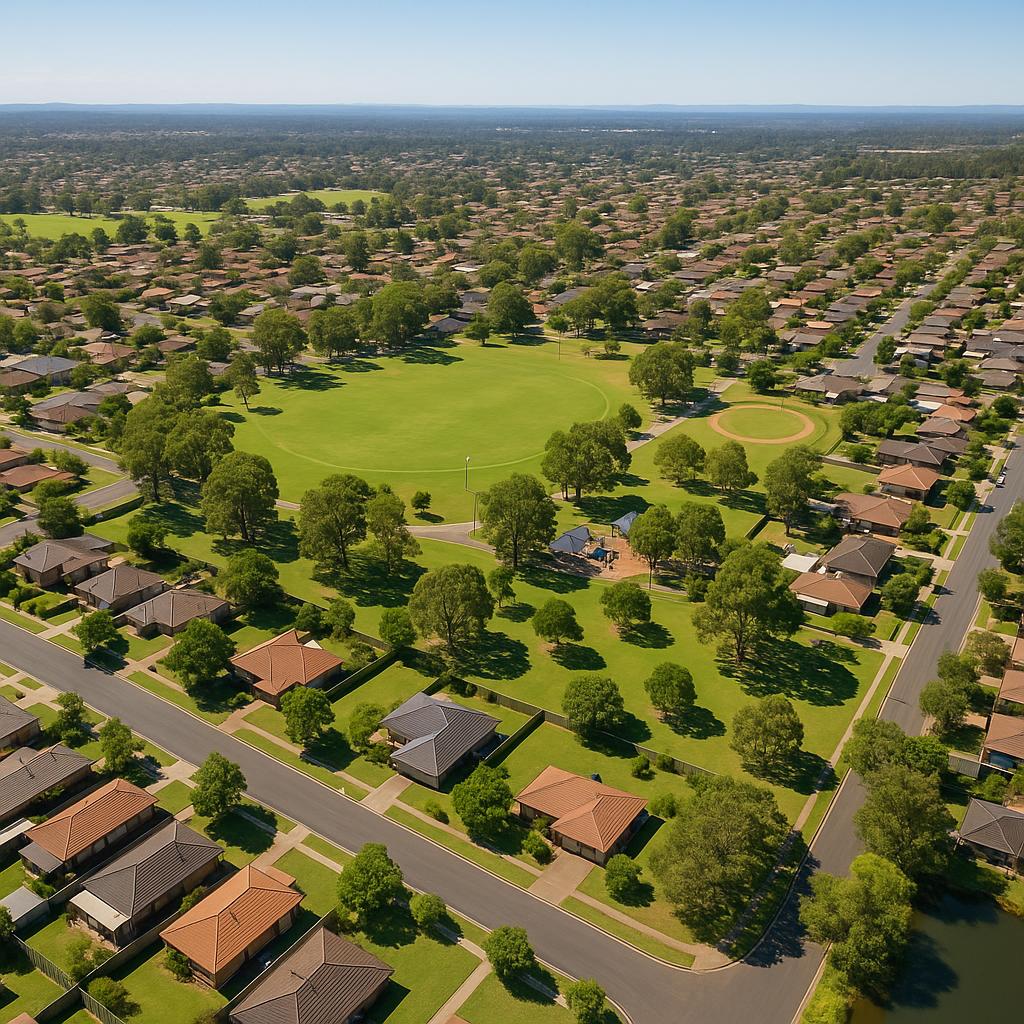 Aerial view of suburban St Marys with parks and homes