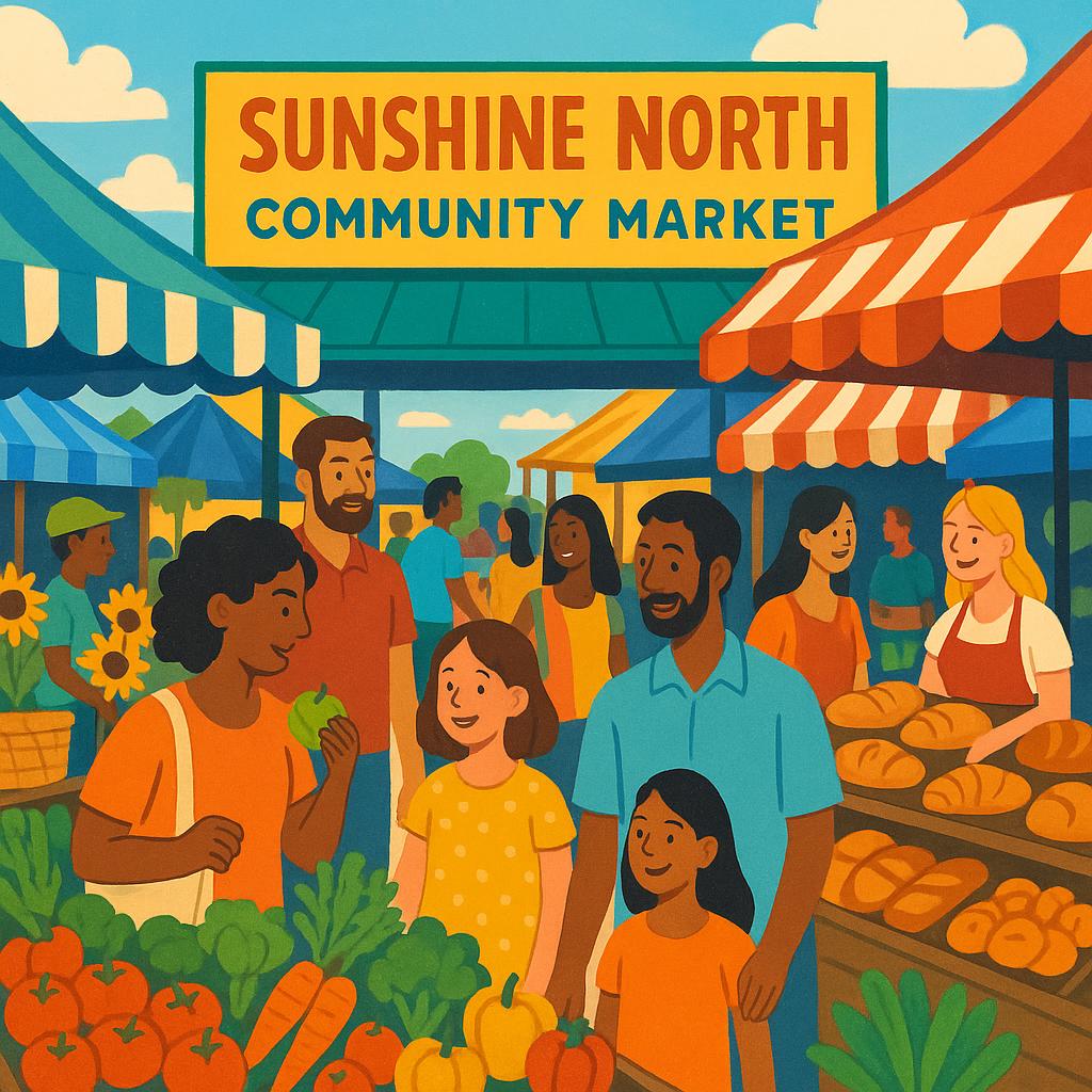 View of Sunshine North community market with families and stalls