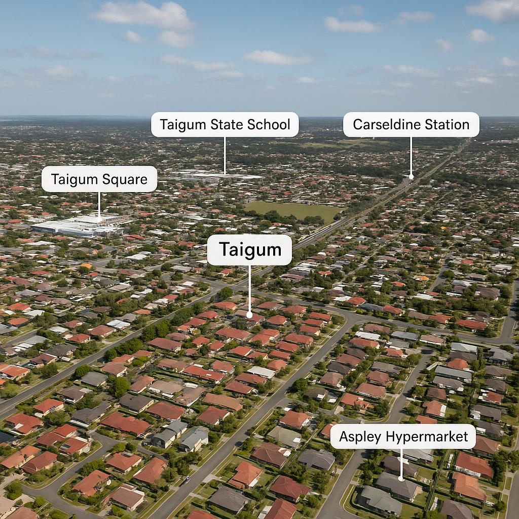 Aerial view of Taigum with parks and schools visible.