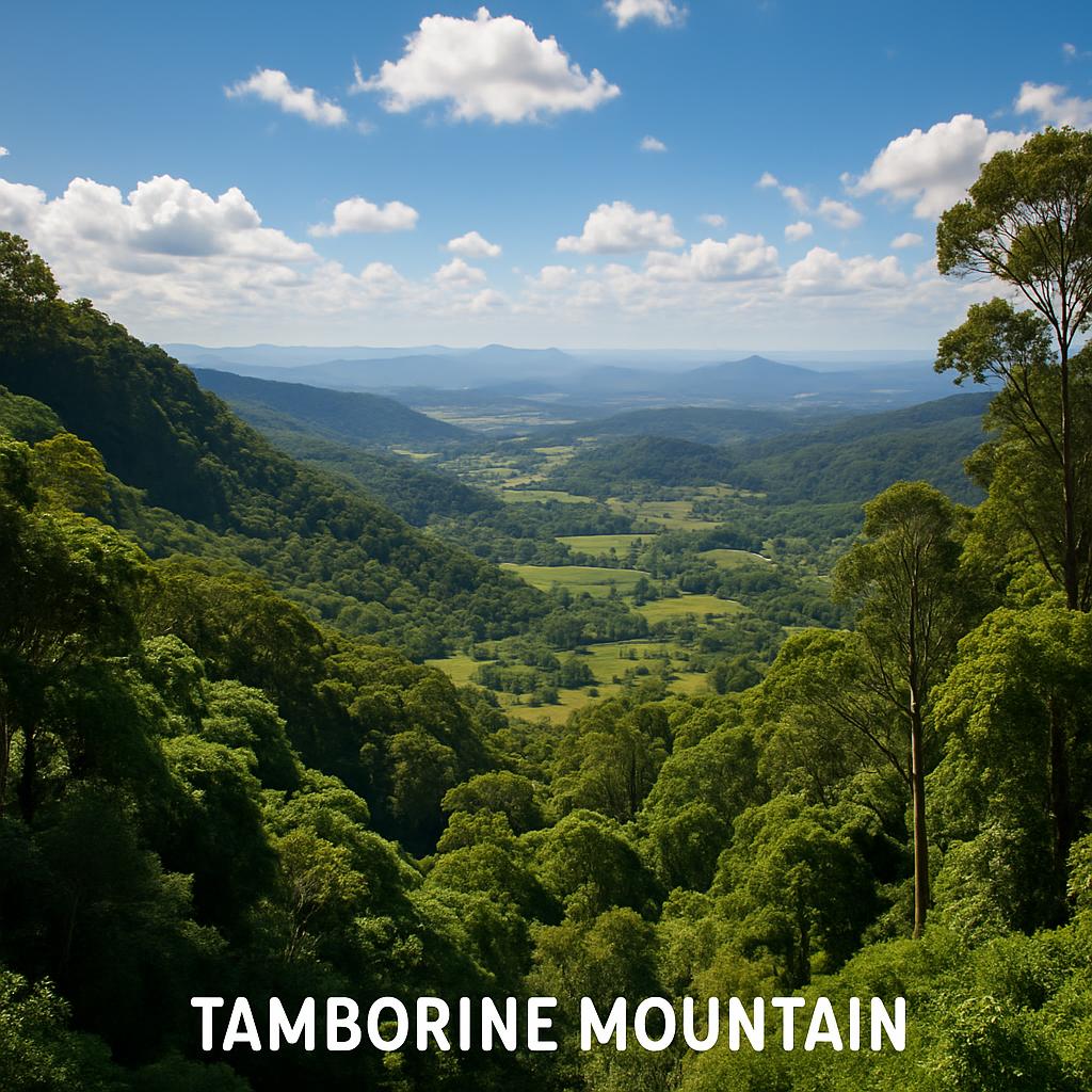 Scenic view of Tamborine Mountain with greenery and blue skies.