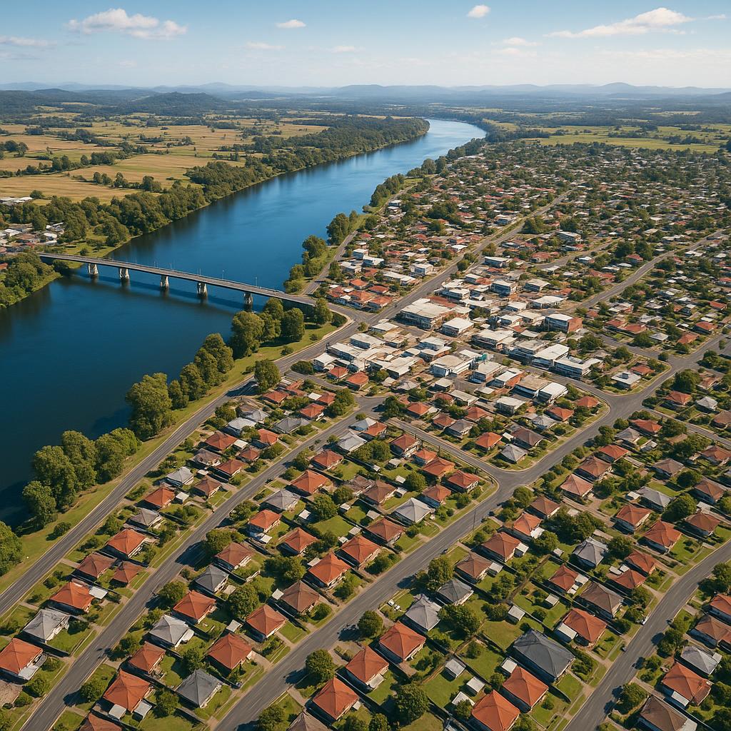 Aerial view of Taree showing its layout and surrounding nature