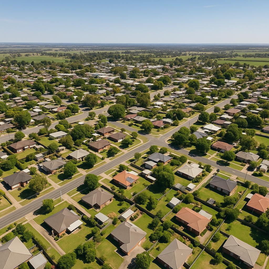 Aerial view of Tatura, showing homes and parks