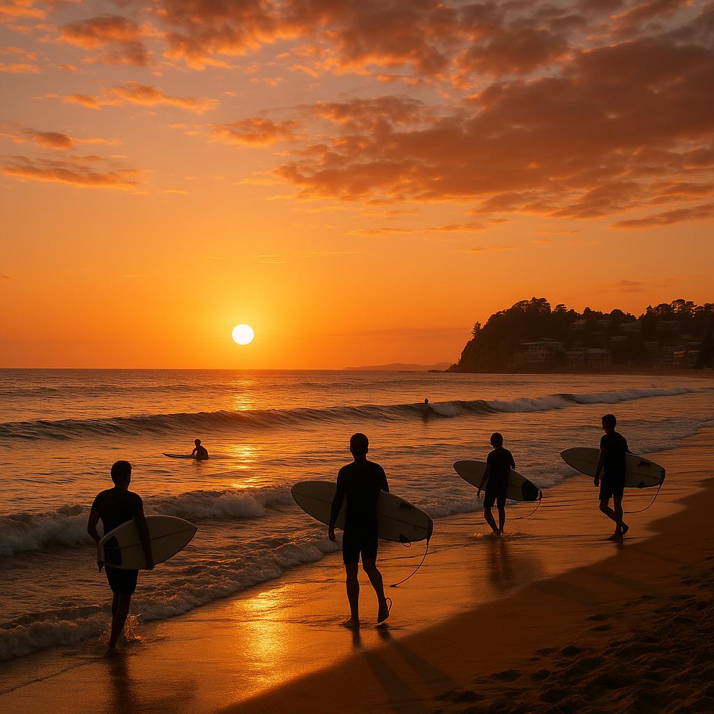 Terrigal Beach at sunset with surfers