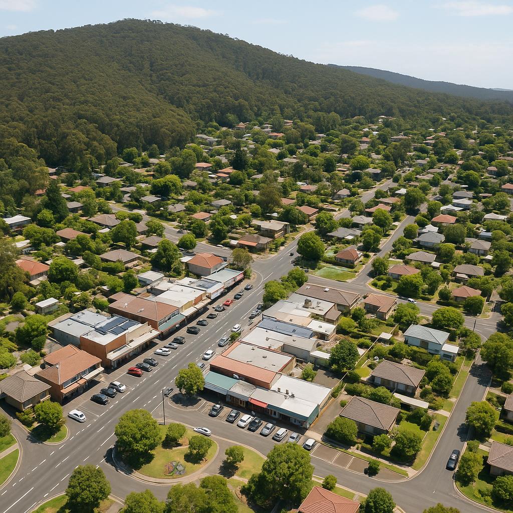 Aerial view of The Basin with shopping and homes