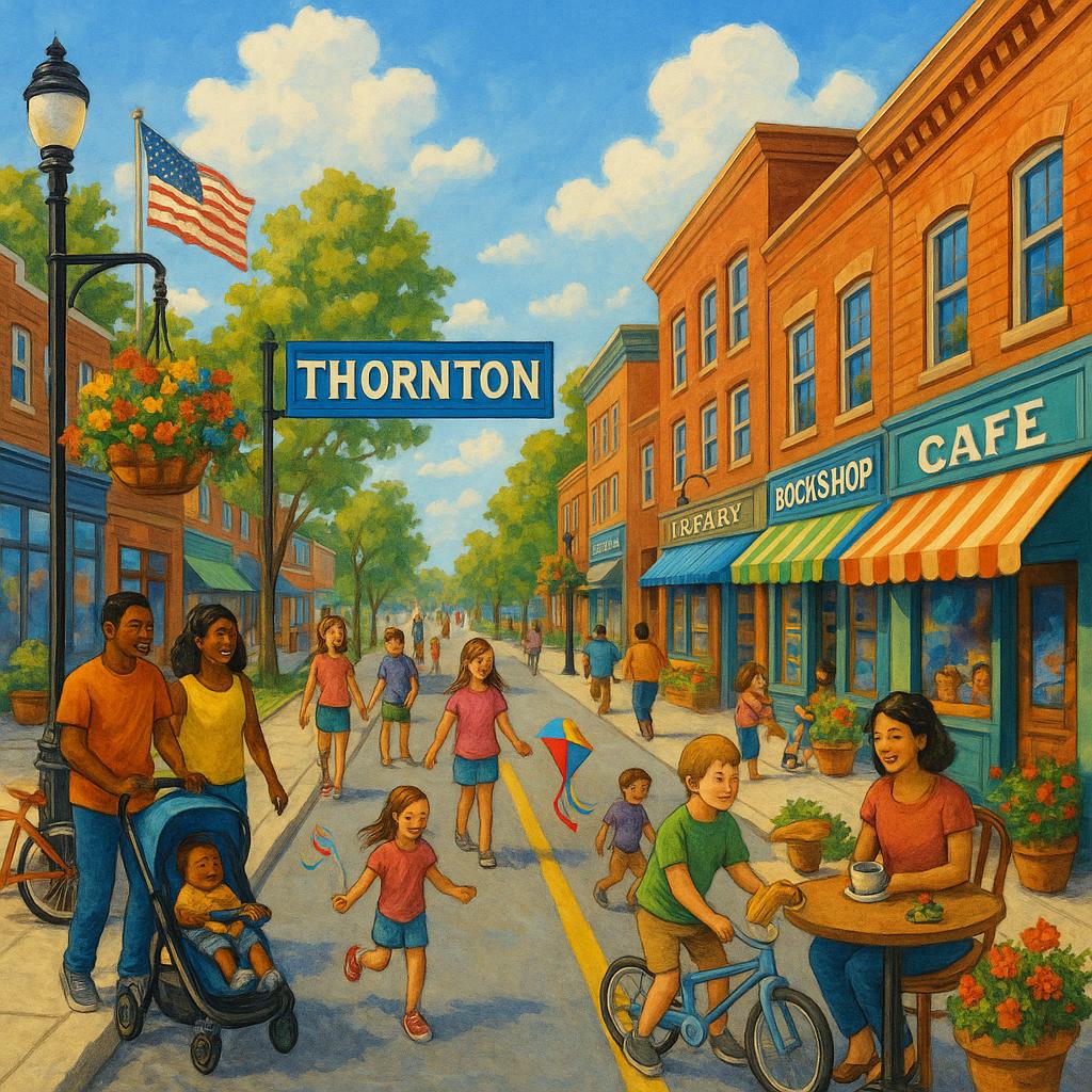 Family-friendly street in Thornton with amenities