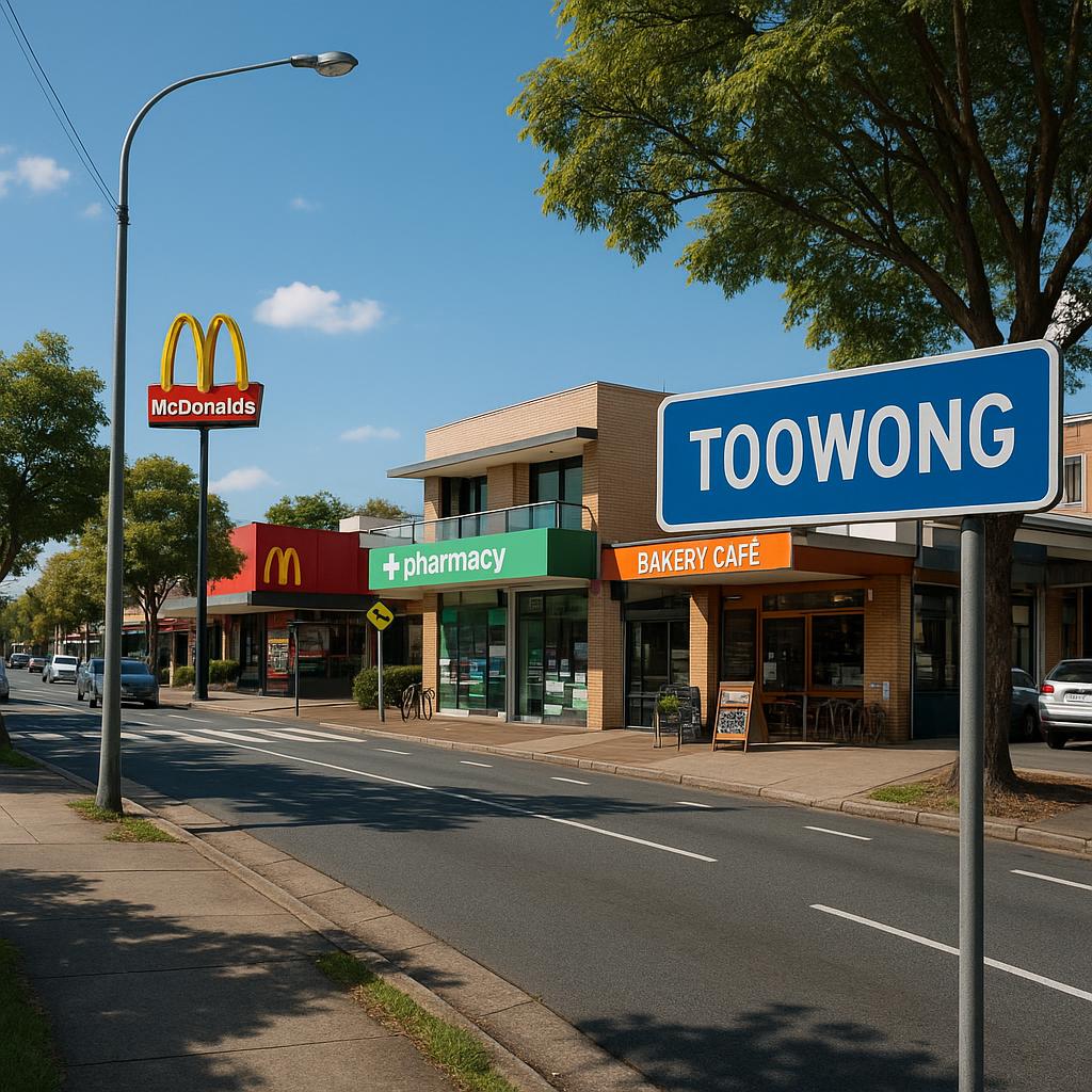 Street view of Toowong highlighting parks and shops