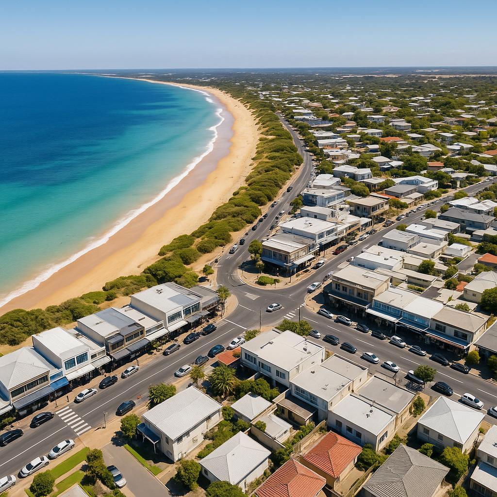 A stunning aerial view of Torquay highlighting the beach and local shops.