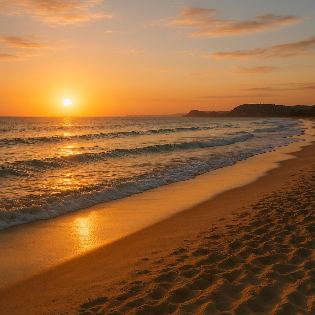 Tugun Beach at sunset with waves and sands