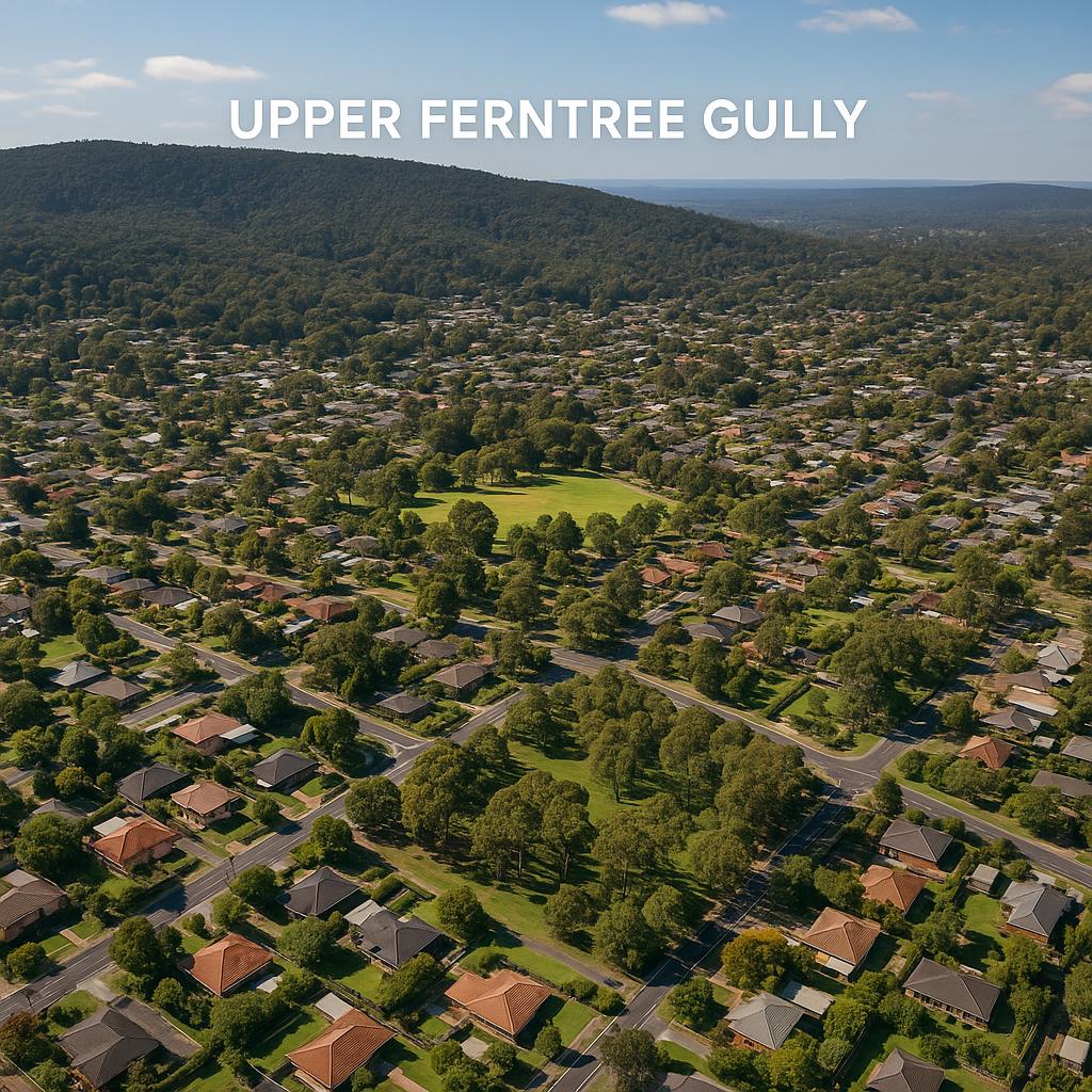 Aerial view of Upper Ferntree Gully, highlighting green spaces and homes.