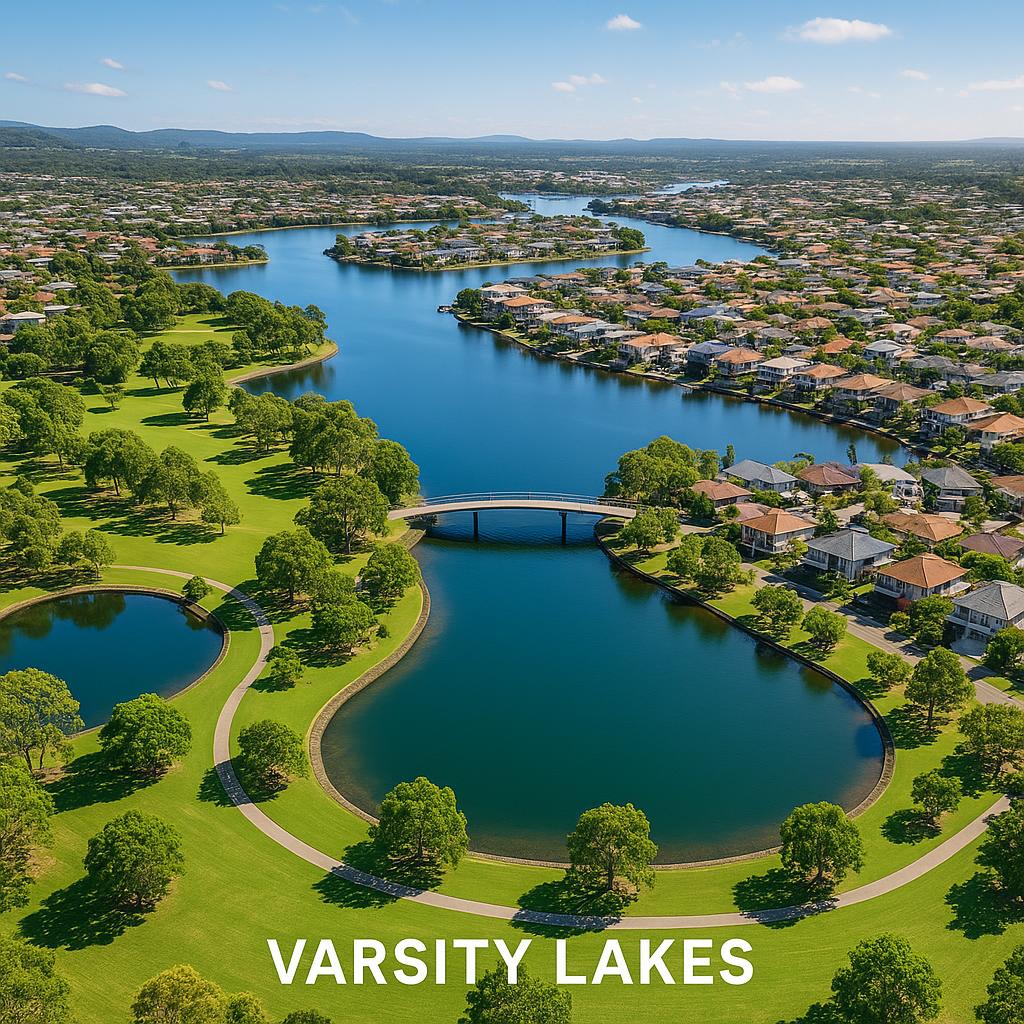 Aerial view of Varsity Lakes with water and green spaces