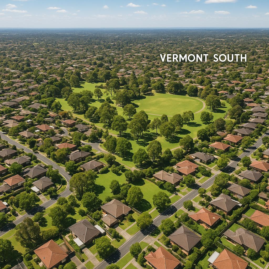Aerial view of Vermont South showing its green parks and homes