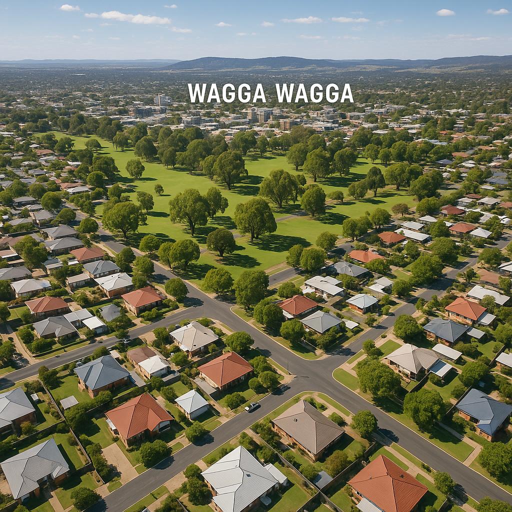 Aerial view of Wagga Wagga highlighting parks and residential areas.