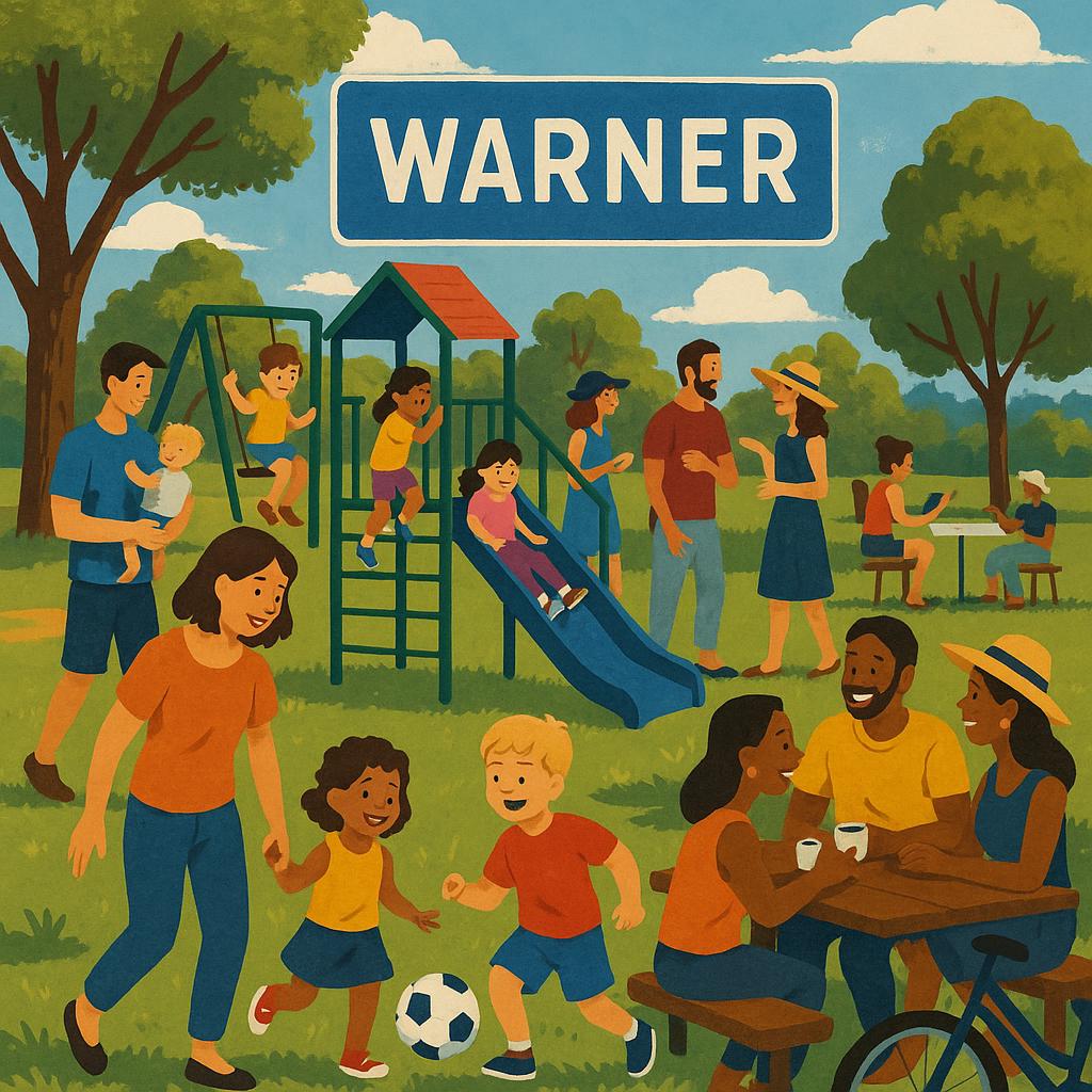 Families enjoying community activities in Warner's park
