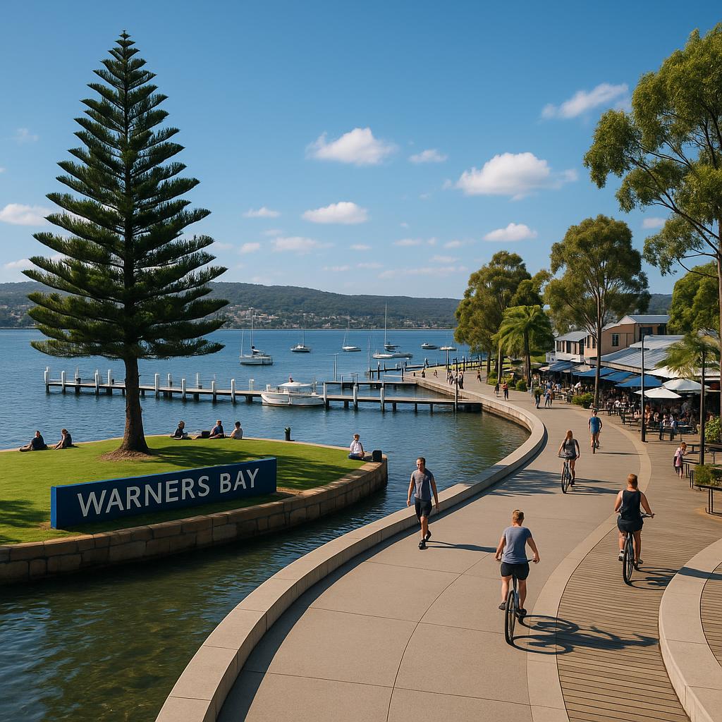 Scenic view of Warners Bay and Lake Macquarie waterfront.