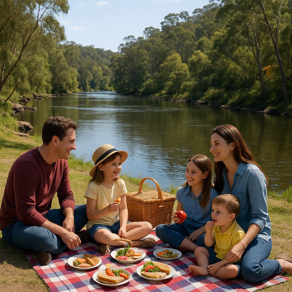 Family picnicking by the Yarra River