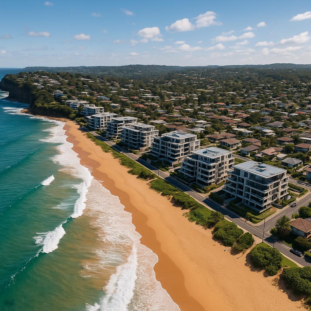Aerial view of Warriewood beach and apartments